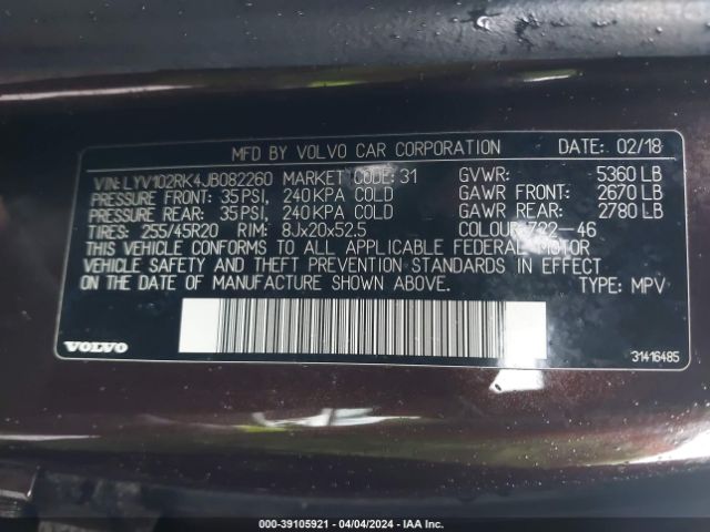 LYV102RK4JB082260 Volvo Xc60 T5 Momentum