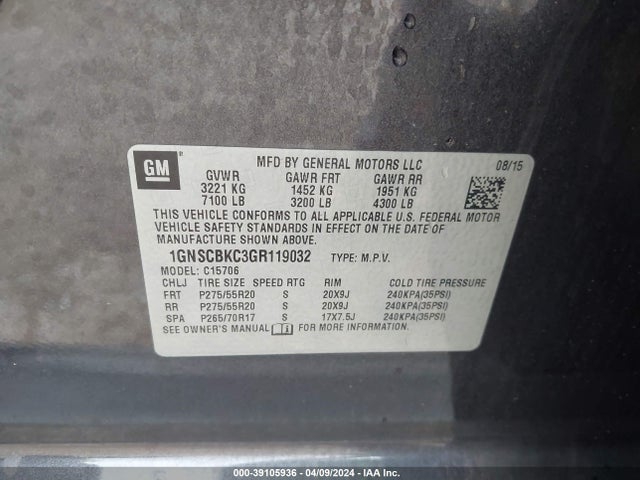 Chevrolet Tahoe Lt 2016 1GNSCBKC3GR119032 Image 9