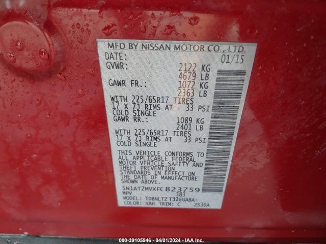 Nissan ROGUE SV 2015 5N1AT2MVXFC823759 Image 9