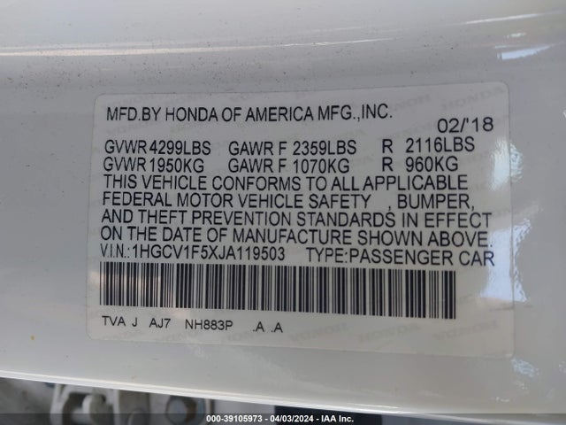 Honda Accord Ex-l 2018 1HGCV1F5XJA119503 Image 9