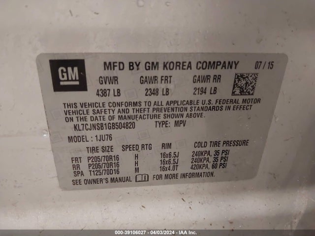 Chevrolet Trax 1ls 2016 KL7CJNSB1GB504820 Image 9