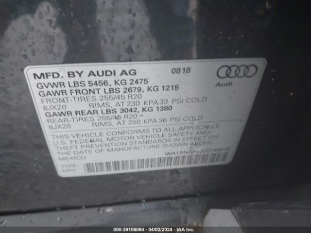 WA1BNAFY0J2240016 Audi Q5 2.0t Premium/2.0t Tech Premium