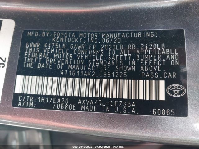 4T1G11AK2LU961225 Toyota CAMRY SE