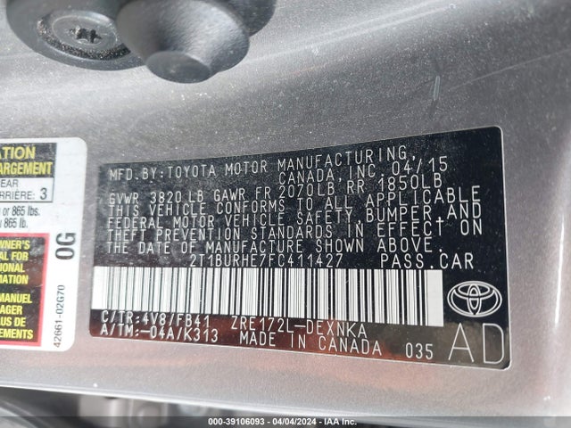 Toyota COROLLA LE 2015 2T1BURHE7FC411427 Image 9