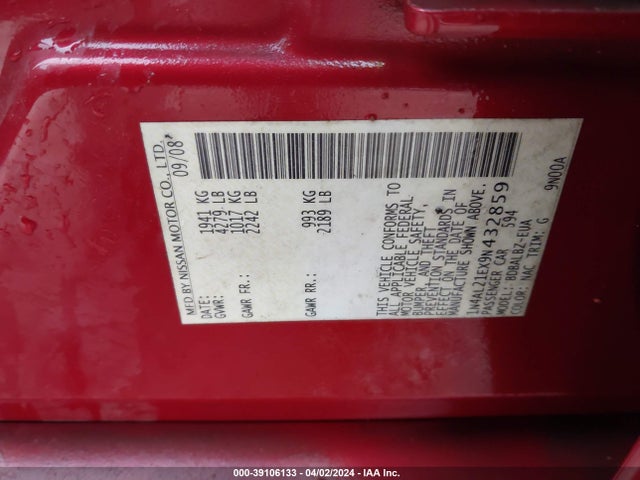 Aukcja sprzedaży 2009 Nissan Altima 2.5 S, vin: 1N4AL21EX9N432859, numer aukcji: 39106133