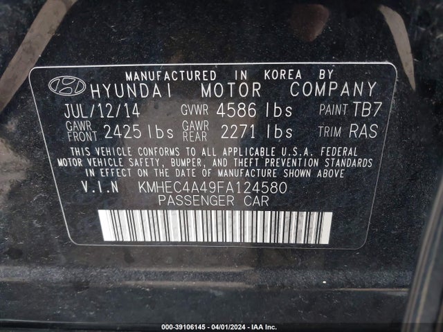 Hyundai Sonata Hybrid Limited 2015 KMHEC4A49FA124580 Image 9