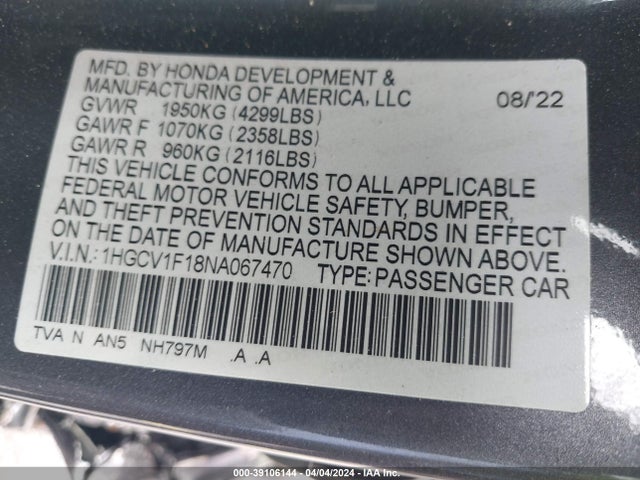 Honda ACCORD LX 2022 1HGCV1F18NA067470 Image 9
