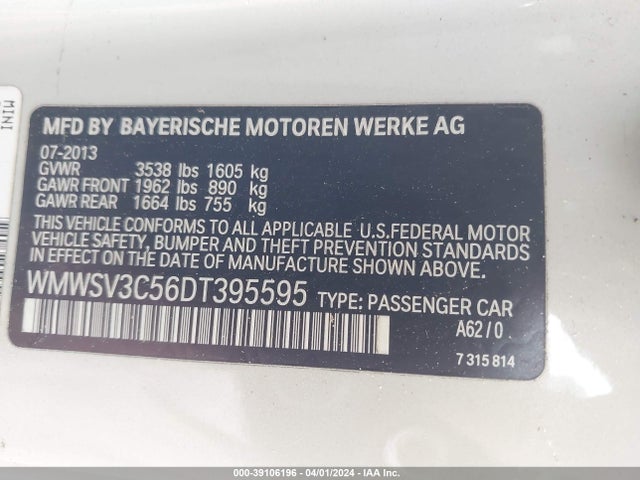 2013 MINI HARDTOP WMWSV3C56DT395595 Photo 8