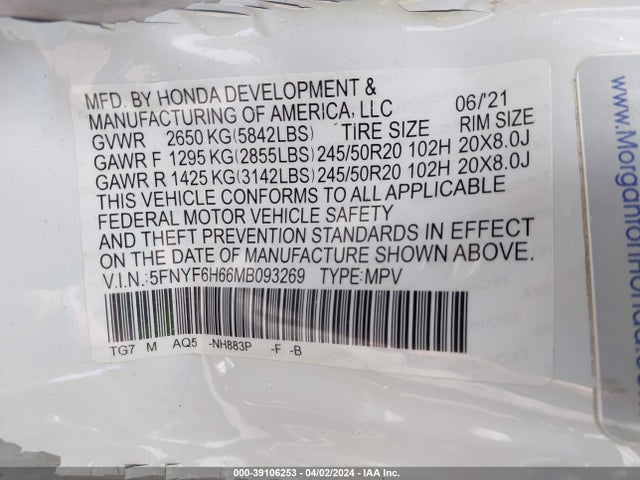 Honda Pilot Awd Touring 7 Passenger 2021 5FNYF6H66MB093269 Image 9