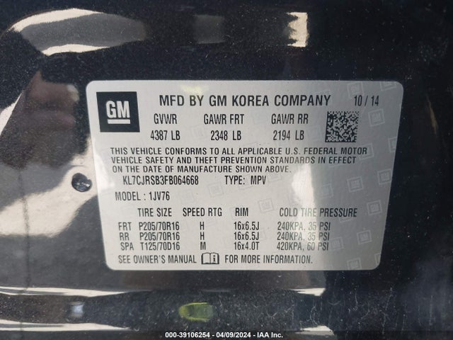 Chevrolet Trax Lt 2015 KL7CJRSB3FB064668 Image 9