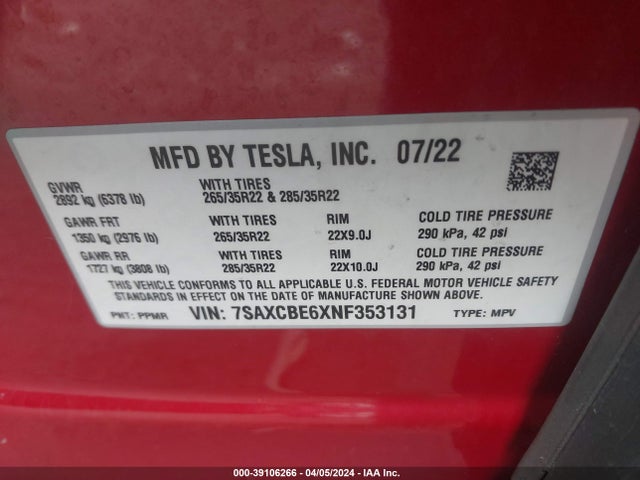 7SAXCBE6XNF353131 Tesla Model X Plaid Tri Motor All-wheel Drive