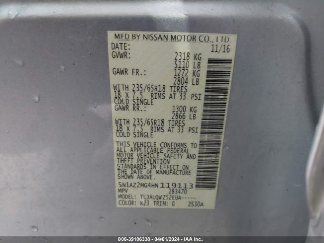 5N1AZ2MG4HN119113 Nissan MURANO SV