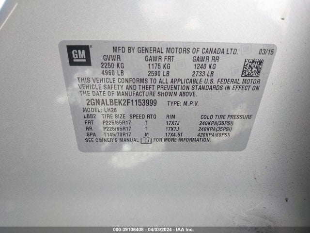 Chevrolet EQUINOX 1LT 2015 2GNALBEK2F1153999 Image 9