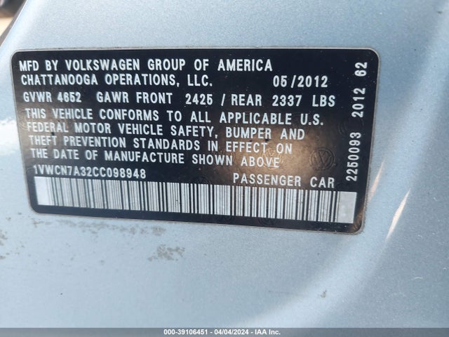Aukcja sprzedaży 2012 Volkswagen Passat 2.0l Tdi Sel Premium, vin: 1VWCN7A32CC098948, numer aukcji: 39106451