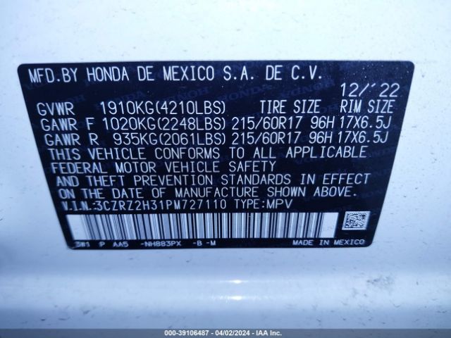 3CZRZ2H31PM727110 Honda Hr-v Awd Lx
