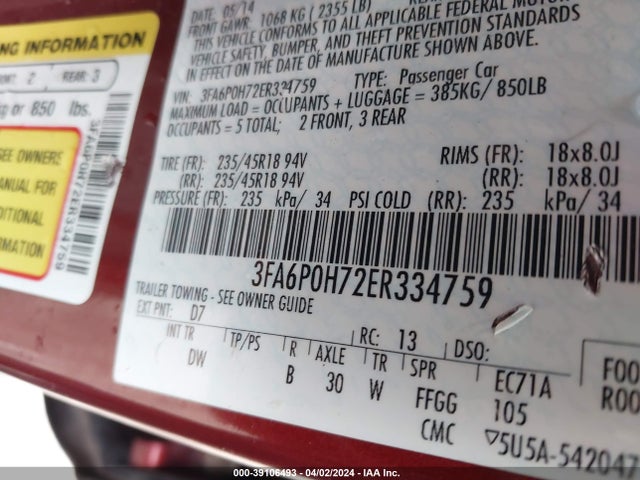 Ford FUSION SE 2014 3FA6P0H72ER334759 Image 9