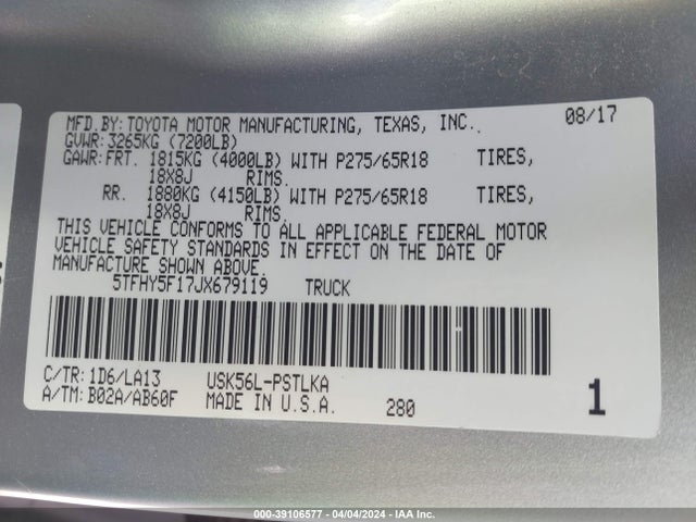 5TFHY5F17JX679119 Toyota Tundra Limited 5.7l V8