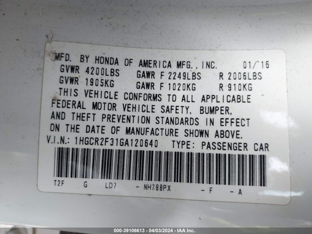 Honda ACCORD LX 2016 1HGCR2F31GA120640 Image 9