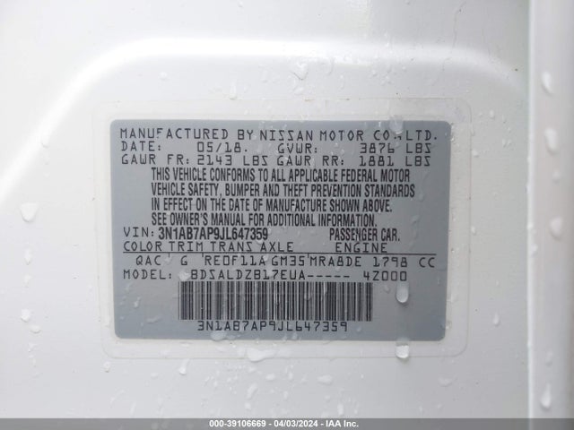 Nissan SENTRA SV 2018 3N1AB7AP9JL647359 Image 9