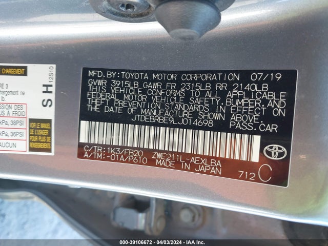 Toyota Corolla Hybrid Le 2020 JTDEBRBE9LJ014698 Image 9