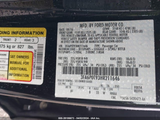 Ford FUSION SE 2017 3FA6P0T93HR211646 Image 9