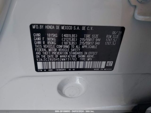 3CZRU5H52MM731762 Honda Hr-v 2wd Ex