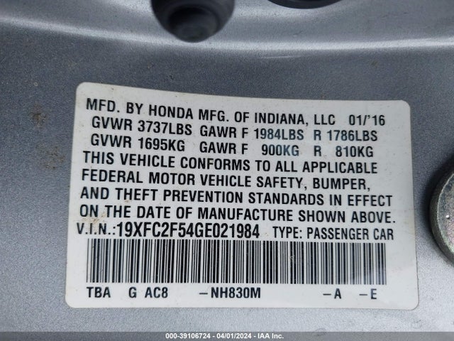Honda Civic Lx 2016 19XFC2F54GE021984 Image 9