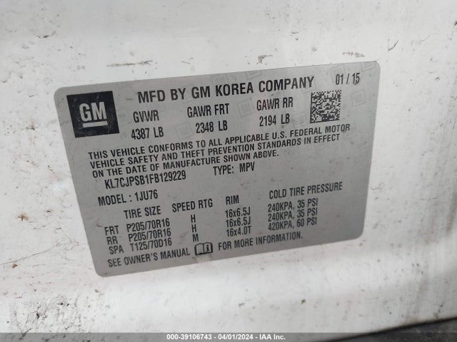 Chevrolet Trax 1ls 2015 KL7CJPSB1FB129229 Image 9
