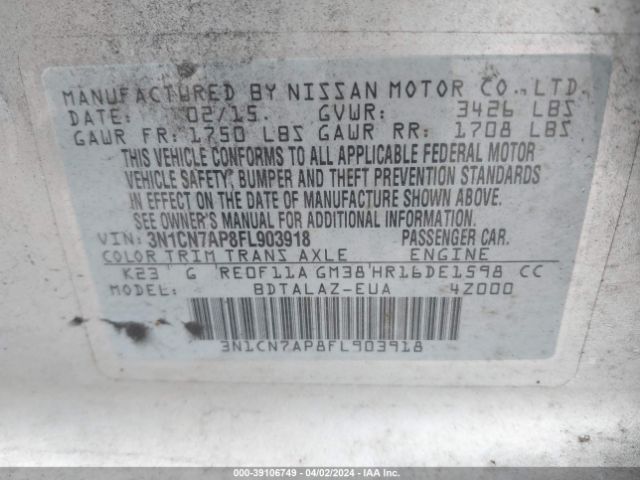 3N1CN7AP8FL903918 Nissan Versa 1.6 S+