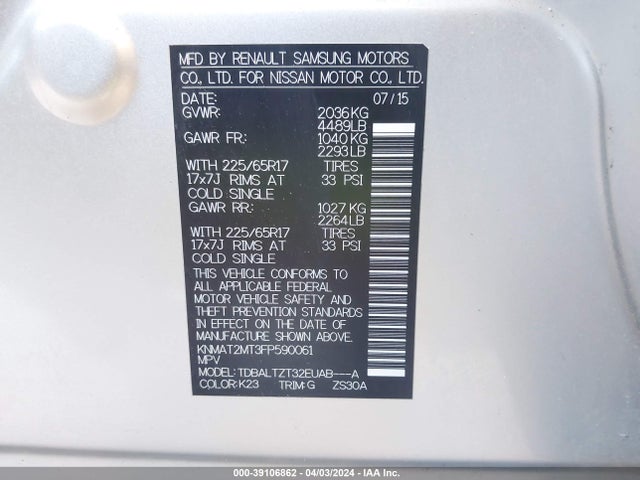 Nissan ROGUE SV 2015 KNMAT2MT3FP590061 Image 9