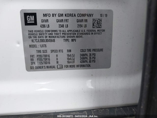 Chevrolet Trax Fwd Lt 2020 KL7CJLSB0LB045648 Image 9