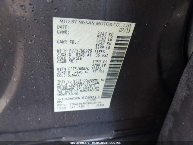 5N1BA0NF5FN608011 Nissan Armada Platinum/sl/sv