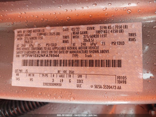 Ford F-150 Lariat 2022 1FTFW1E82NFA78944 Image 9