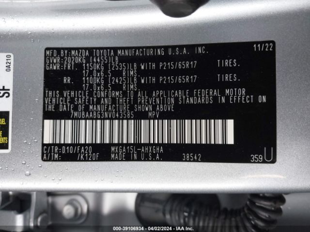 7MUBAABG3NV043585 Toyota Corolla Cross Le