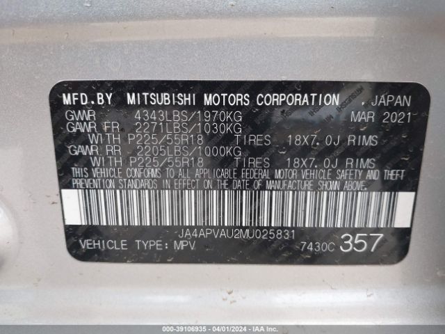 JA4APVAU2MU025831 Mitsubishi Outlander Sport 2.0 Se 2wd