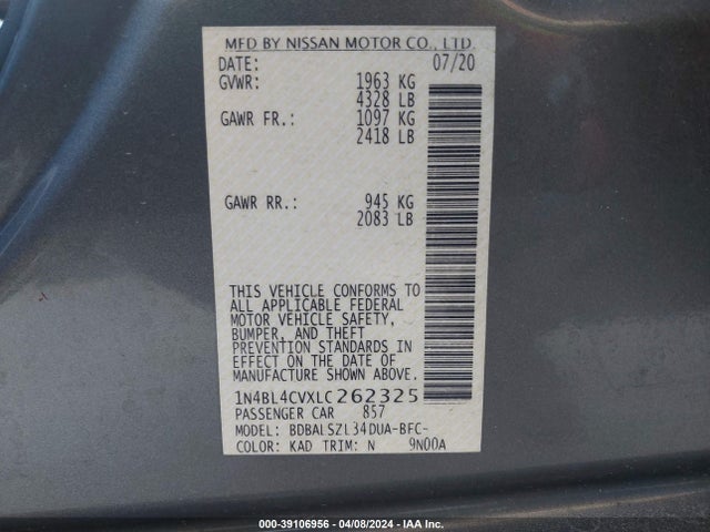 Nissan Altima Sr Fwd 2020 1N4BL4CVXLC262325 Image 9
