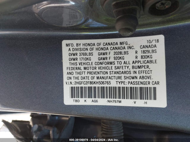 Honda Civic Sport 2019 2HGFC2F86KH506765 Image 9