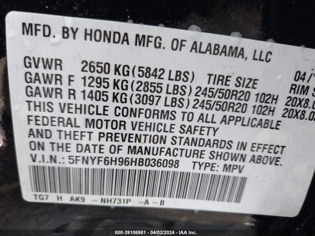 Honda Pilot Touring 2017 5FNYF6H96HB036098 Image 9