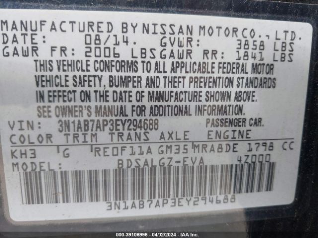 3N1AB7AP3EY294688 Nissan SENTRA SL
