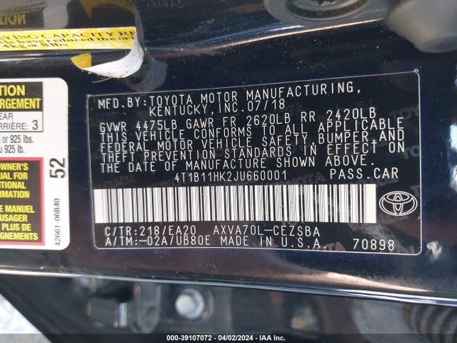 Toyota CAMRY SE 2018 4T1B11HK2JU660001 Image 9