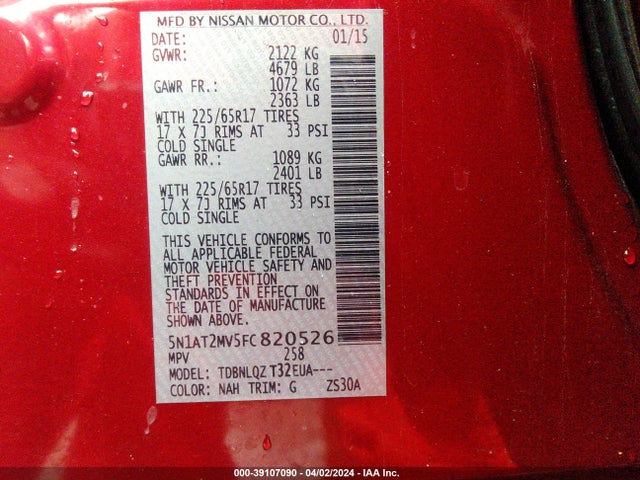 Nissan ROGUE SV 2015 5N1AT2MV5FC820526 Image 9