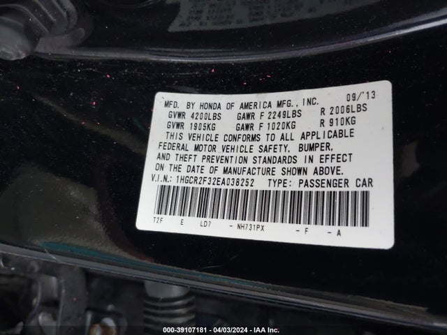Honda ACCORD LX 2014 1HGCR2F32EA038252 Image 9