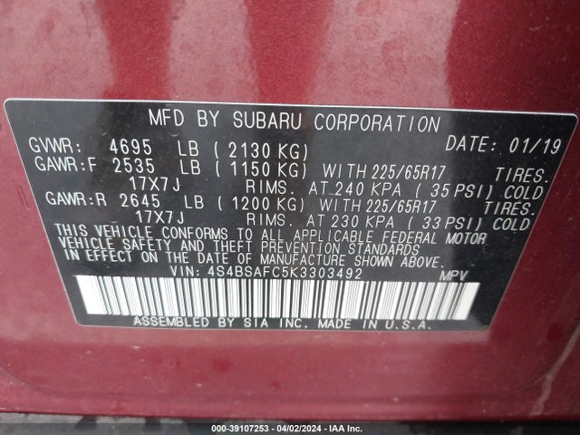 Subaru Outback 2.5i Premium 2019 4S4BSAFC5K3303492 Image 9