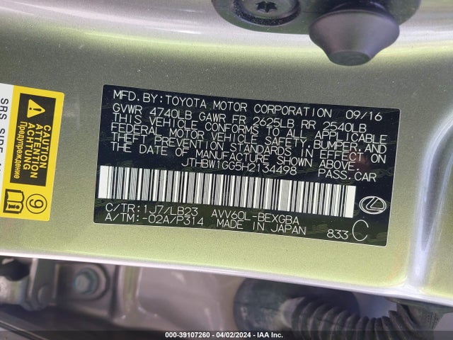 Lexus ES 300H 2017 JTHBW1GG5H2134498 Image 9