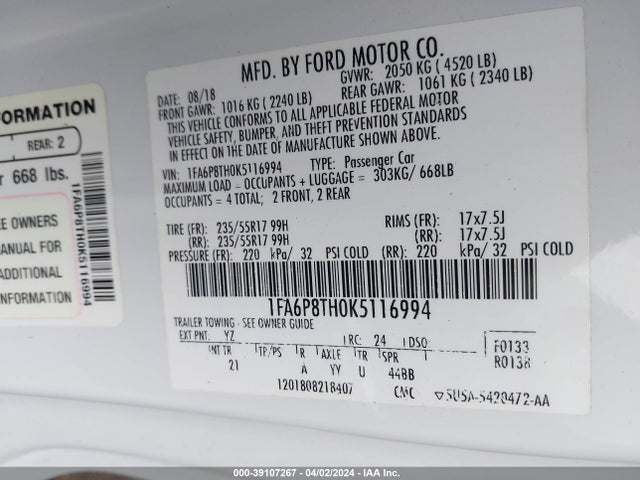 Ford Mustang Ecoboost 2019 1FA6P8TH0K5116994 Image 9