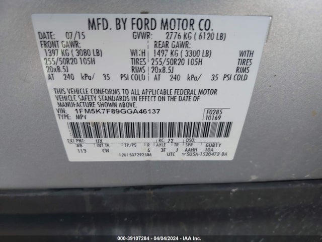 Ford Explorer Limited 2016 1FM5K7F89GGA46137 Image 9