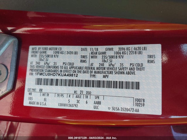 Ford ESCAPE SEL 2019 1FMCU0HD7KUA49812 Image 9