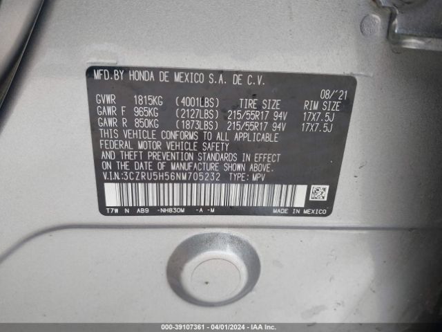 3CZRU5H56NM705232 Honda Hr-v 2wd Ex