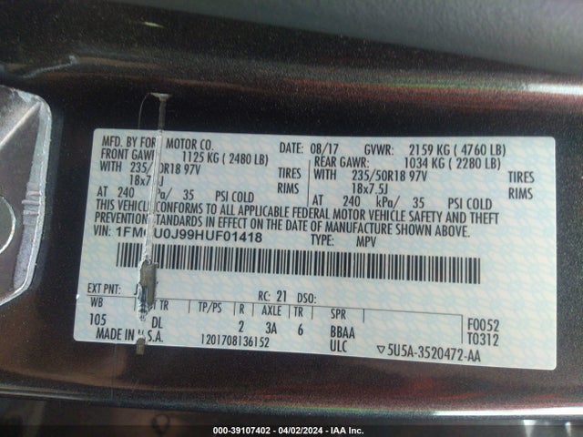 Ford Escape Titanium 2017 1FMCU0J99HUF01418 Image 9