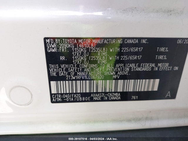 Toyota Rav4 Xle 2020 2T3W1RFV1LC067920 Image 9